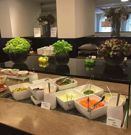 Ein Buffet mit verschiedenen Zutaten wie Karotten, Gurken und Salaten in Schalen. Es gibt dekorative Pflanzen und zwei Zitronen auf dem Tisch.