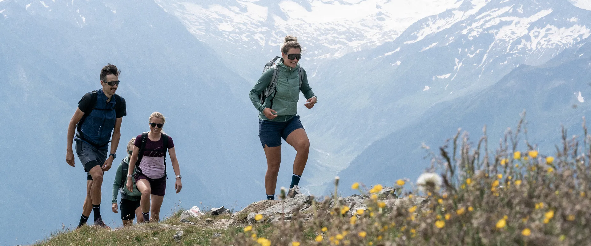 Drei Personen wandern bei sonnigem Wetter in den Bergen. Im Hintergrund sind schneebedeckte Gipfel zu sehen. Im Vordergrund blühen gelbe Blumen.