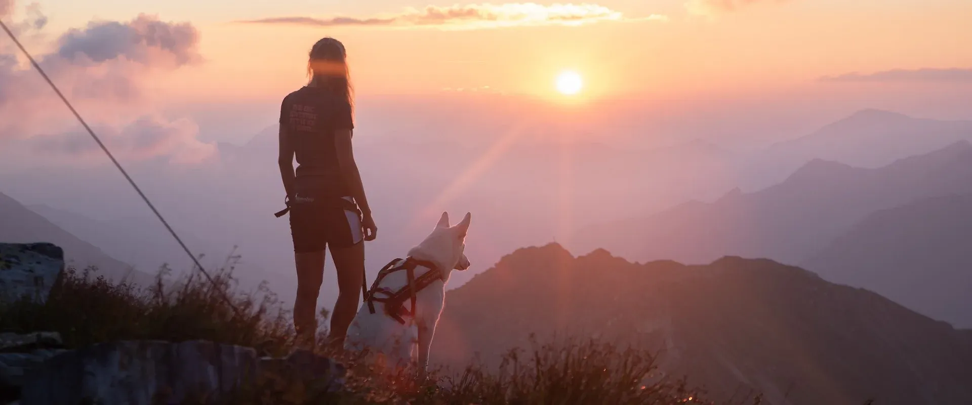Person mit Hund genießt einen atemberaubenden Sonnenuntergang auf einem Berggipfel, umgeben von Nebel und sanften Hügeln am Horizont. Stimmungsvolle Szene.