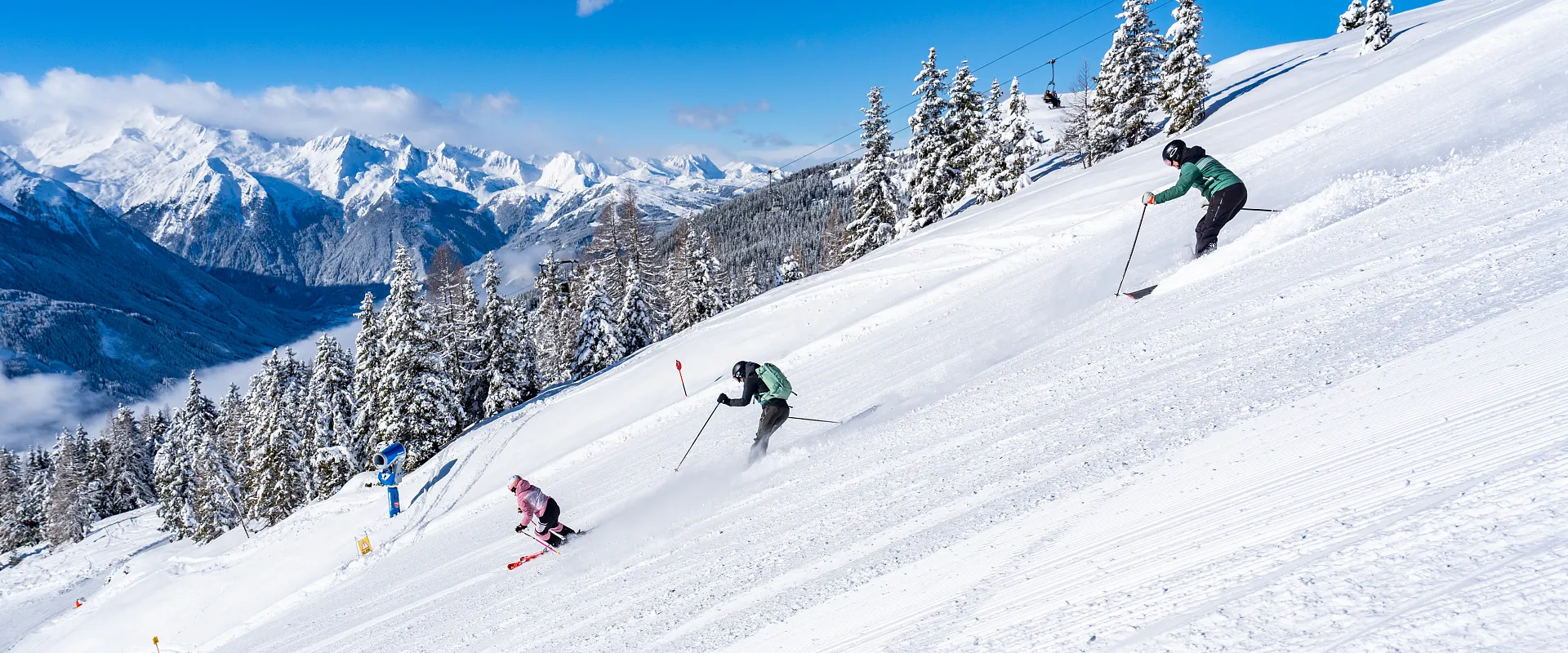 Drei Skifahrer fahren eine schneebedeckte Piste hinunter, umgeben von verschneiten Bäumen und majestätischen Bergen im Hintergrund unter einem klaren blauen Himmel.