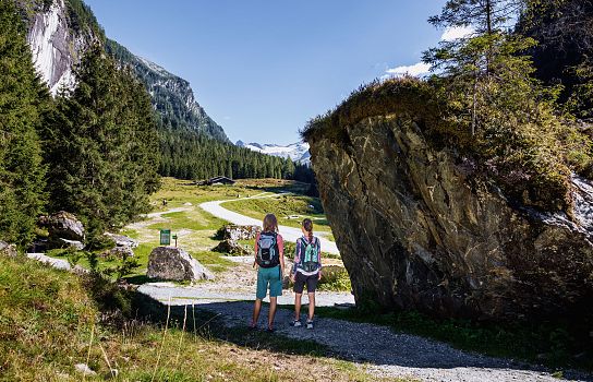 Zwei Personen wandern auf einem schmalen Pfad durch eine bergige Landschaft mit üppigem Grün, Felsen und Tannen, unter einem klaren, blauen Himmel.