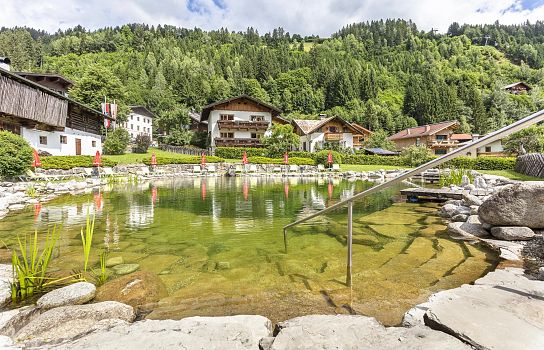 Idyllischer natürlicher Schwimmteich in einer Berglandschaft mit grünen Wäldern und traditionellen Holzhäusern im Hintergrund unter blauem Himmel.